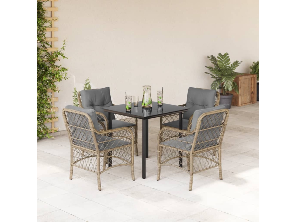 Vidaxl 5pcs Conj. Jantar Jardim C/ Almofadões Vime Pe Bege Misturado