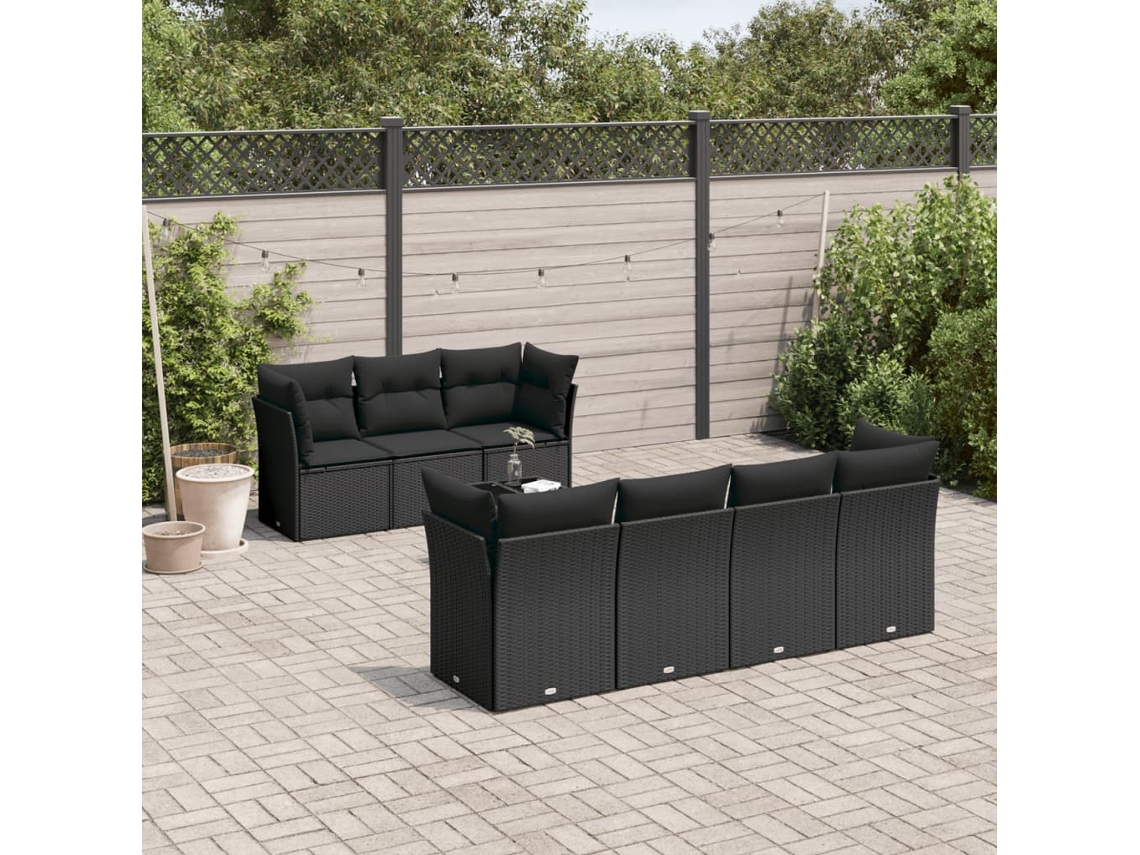 Vidaxl 8 Pcs Conjunto Sofás De Jardim Com Almofadões Vime Pe Preto