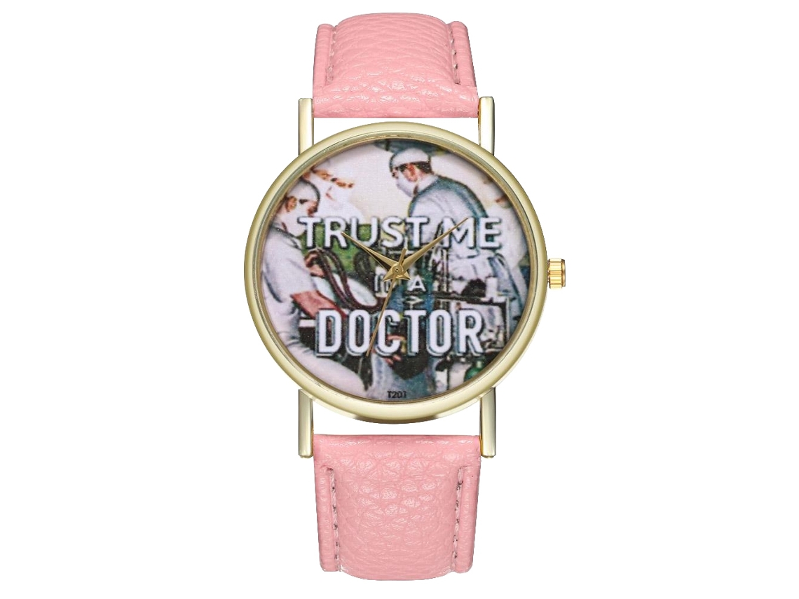 Relógio de pulso unissex de quartzo com pulseira de PU, mostrador redondo, estampa de médico (rosa)