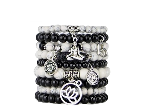 Conjunto de 9 Pulseiras BOHEMIAN Yoga Bohemian (Vidro, madeira e liga - Preto - Ajustável)