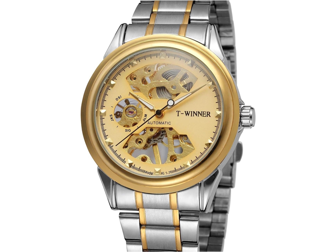 Lurelia Relógio Mecânico Masculino, Luminoso, Aço Inoxidável, Vidro Mineral, Dourado