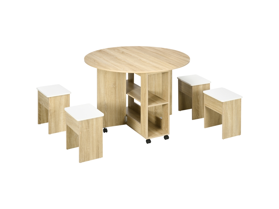 Conjunto De Mesa E Cadeiras De Aglomerado Com 5 Peças, Mesa Redonda Com 2 Prateleiras Abertas E 4 Banquetas Modernas.