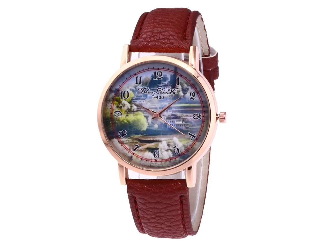 Relógio feminino moderno de quartzo com pulseira de couro sintético, mostrador redondo, marrom.