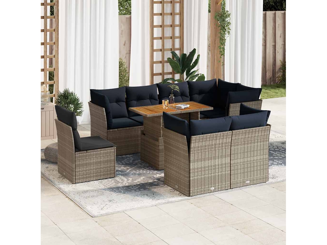 Vidaxl 9 Pcs Conjunto Sofás P/ Jardim com Almofadões Vime Pe Cinzento