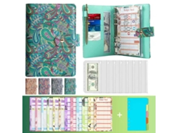 A6 Pu Leather Refillable Journal Cover With Receipt Pockets, Cash Budget Cards Dividers Exotic Paisley Green 6-ring