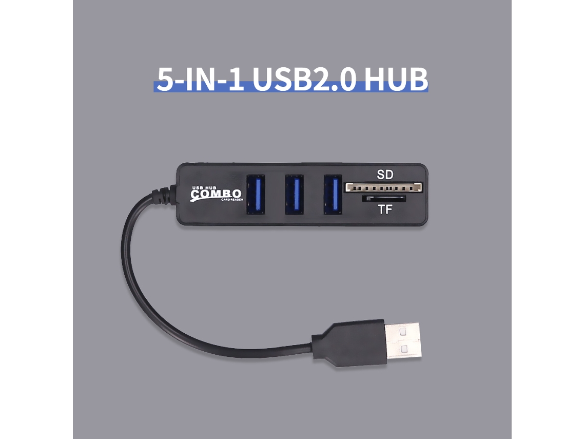 Conversor Hub Usb2.0 5 Em 1 Com Slots Tf Sd, Preto, Compatível Com Vários Dispositivos Luz Dourada