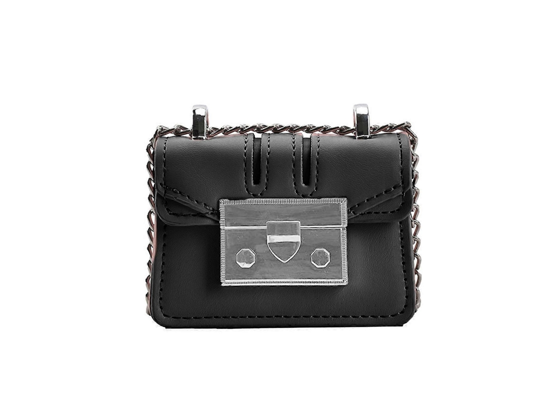 Bolsa Transversal Mini Quadrada Em Couro Pu, Modelo Simples E Fino Com Corrente, Elegante E Prática, Na Cor Preta.