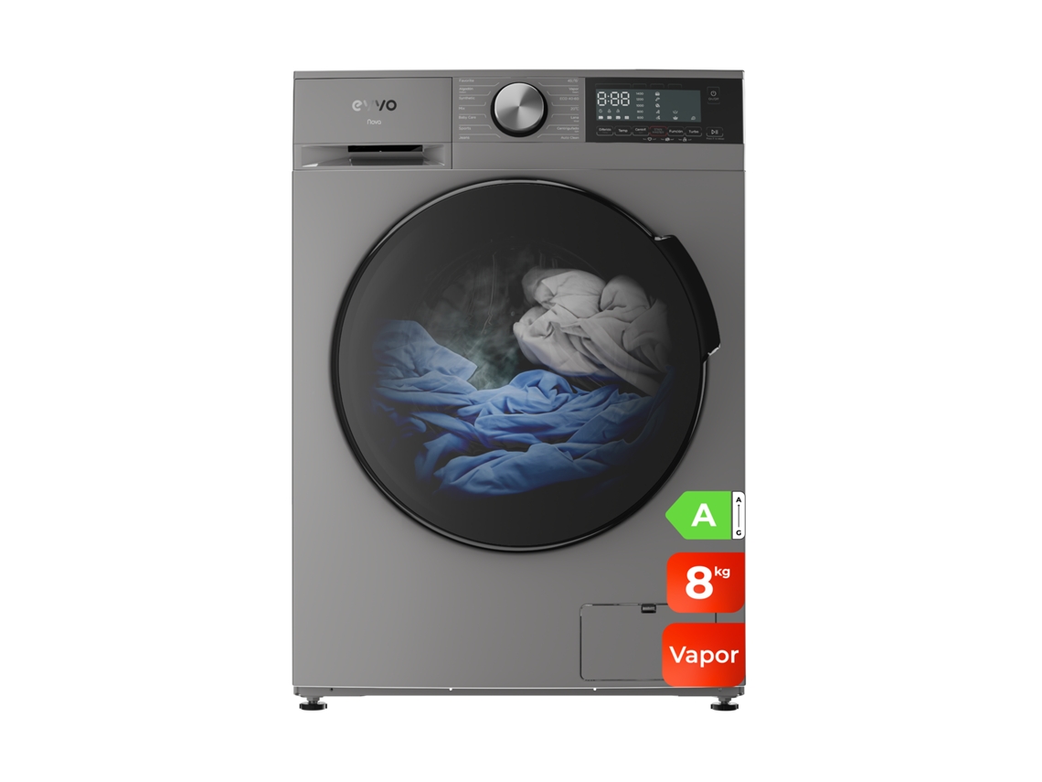 Evvo Máquina De Lavar Nova 8 8 Kg, 1350 Rpm, Classe A, Motor Inverter, Tambor Eprotect, Vapor Steam Wash, 14 Programas, Rápido 15’, Inox