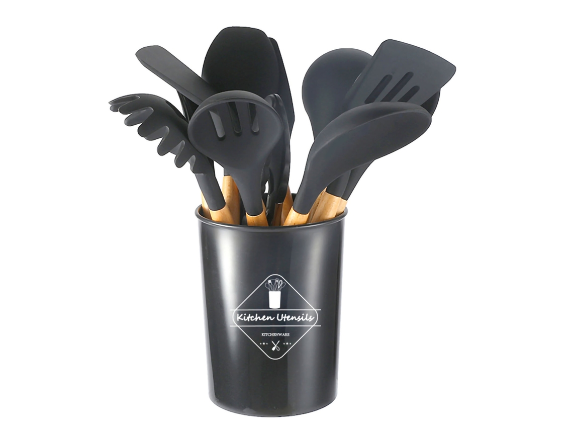 Conjunto de utensílios de cozinha em silicone com cabo de madeira, antiaderente, com recipiente cinza escuro | S/MARCA