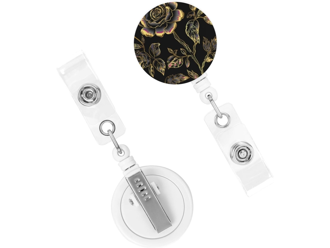 Porta Crachá Retrátil, Carretel Crachá Retrátil Com Estampa Floral Preta E Dourada, Clip Chaveiro Resistente