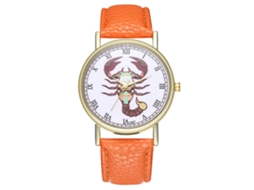 Relógio de quartzo com pulseira de couro, estampa de Escorpião e 12 constelações, laranja.