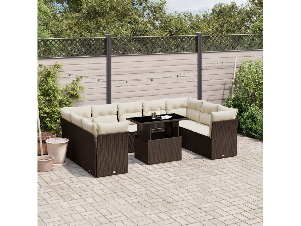 Vidaxl 10 Pcs Conj. Sofás Jardim Com Almofadões Vime Pe Castanho