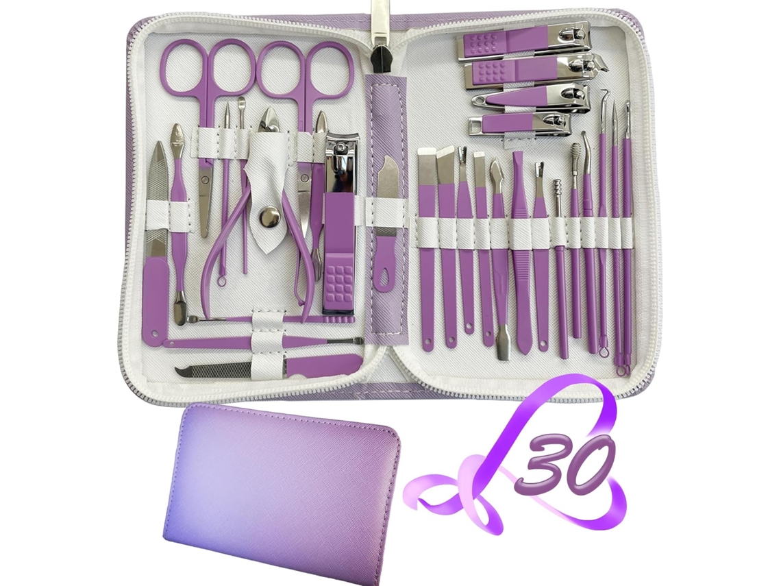 Conjunto de Manicure Kit Cortador de Unhas de Manicure Profissional em Aço Inoxidável Conjunto de Pedicure com 30 Acessórios com estojo em pele
