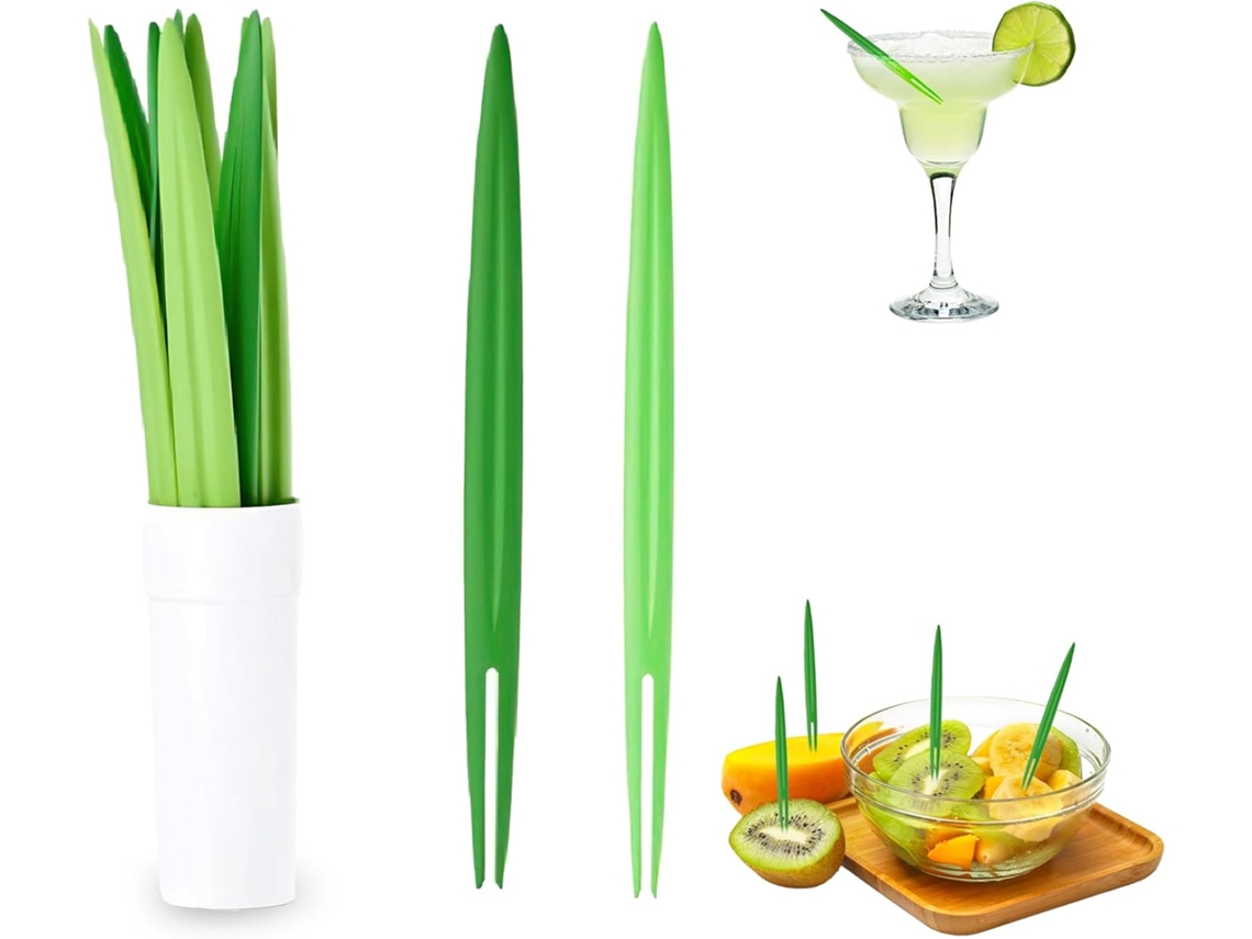 Palitos De Coquetel Com Folhas: 10 Garfos De Plástico Reutilizáveis De 10 Cm X 0,8 Cm Para Frutas