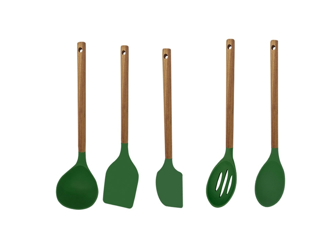 Elysve Pack De Utensílios De Cozinha De Silicone Com Cabo De Madeira Resistente E Macio