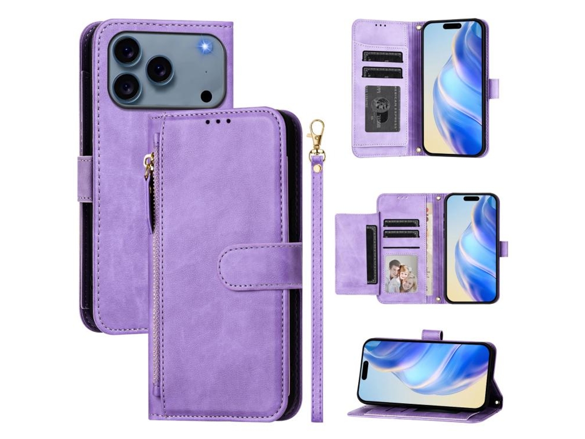 Capa De Couro Para Iphone 17 Pro Com Vários Compartimentos Para Cartões E Zíper.