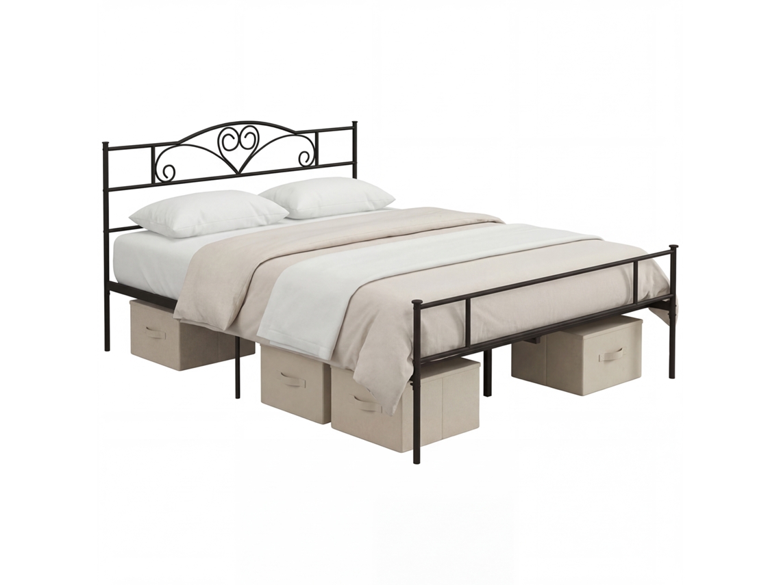 Estrutura De Cama De Casal Em Aço Com Ripas Integradas, Cabeceira E Pé De Cama, 160x200 Cm.