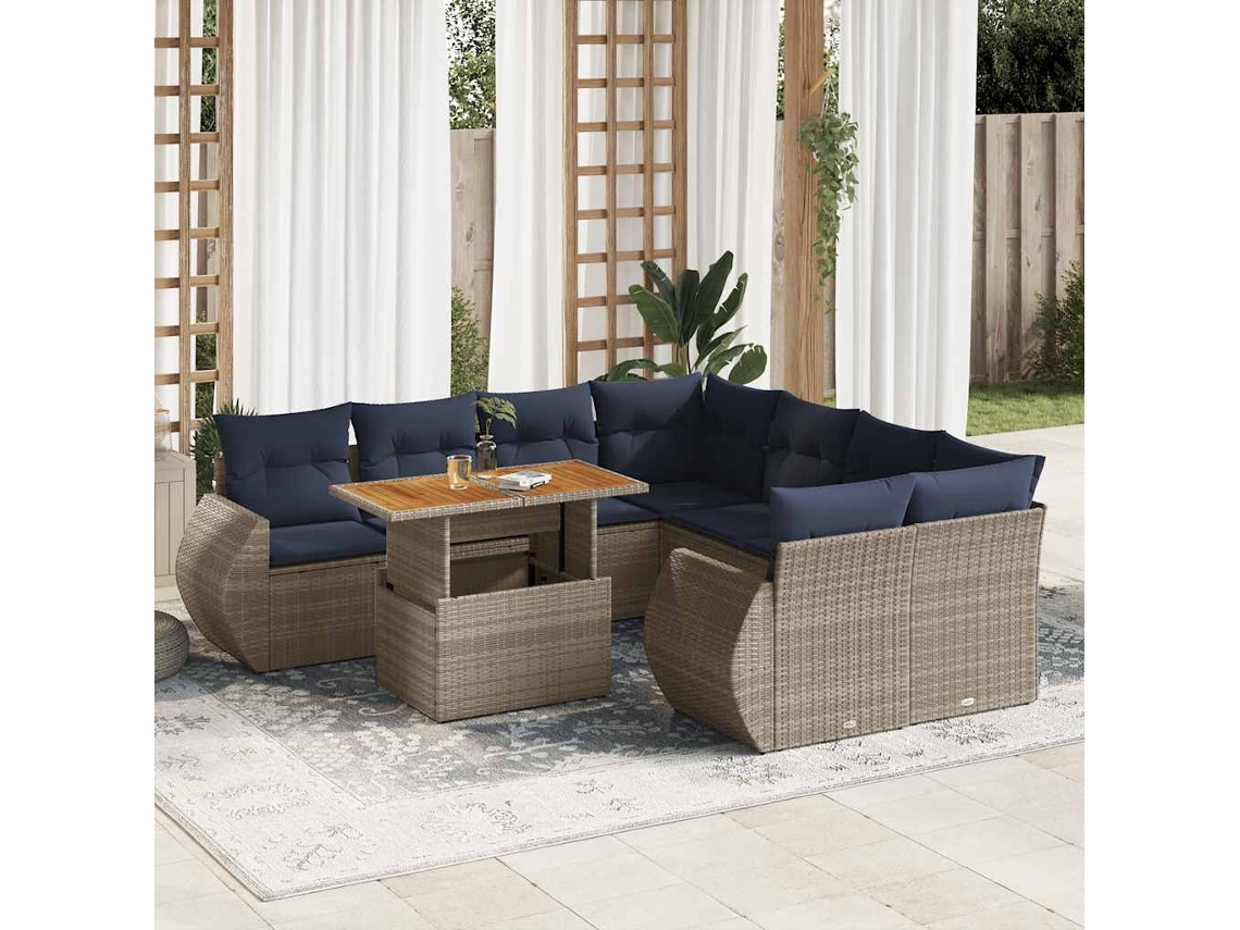 Vidaxl 9 Pcs Conjunto Sofás P/ Jardim Com Almofadões Vime Pe Cinzento