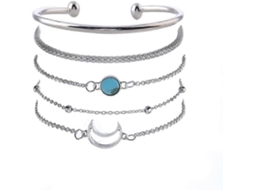 Conjunto De 5 Pulseiras De Prata Com Pingente De Lua, Turquesa E Miçangas.