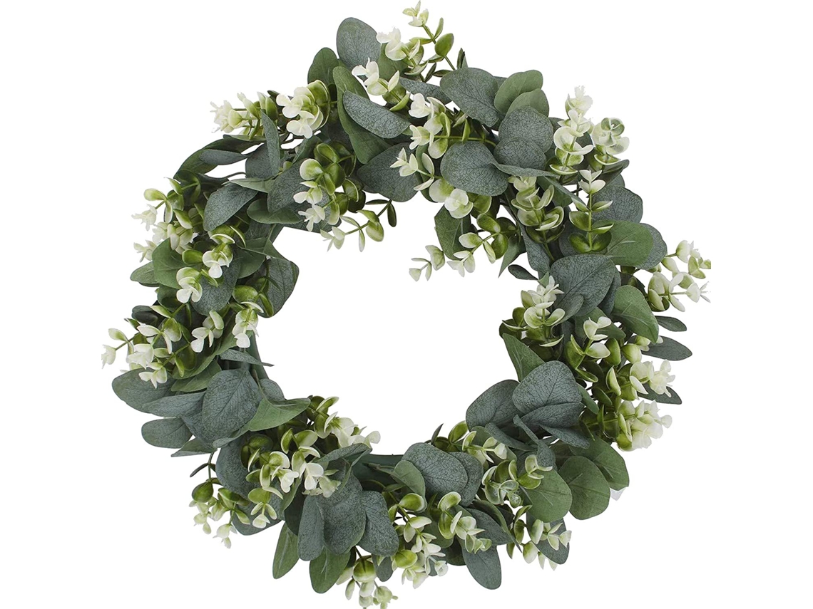 Coroa de Eucalipto Sazonal com 35 Cm de Diâmetro Flores Artificiais Verdes para Decoração, Uso Interno e Externo. AQUAFORGE