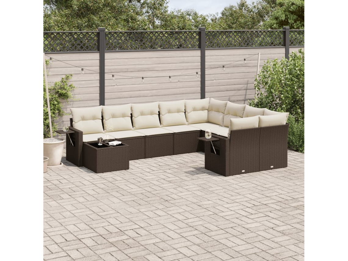 Vidaxl 10 Pcs Conj. Sofás Jardim Com Almofadões Vime Pe Castanho