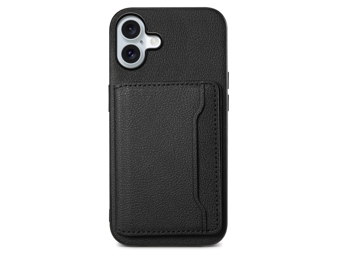 Casa Em Tpu Pele Pu, Com Suporte E Porta Cartões Para Apple Iphone 16 Preto