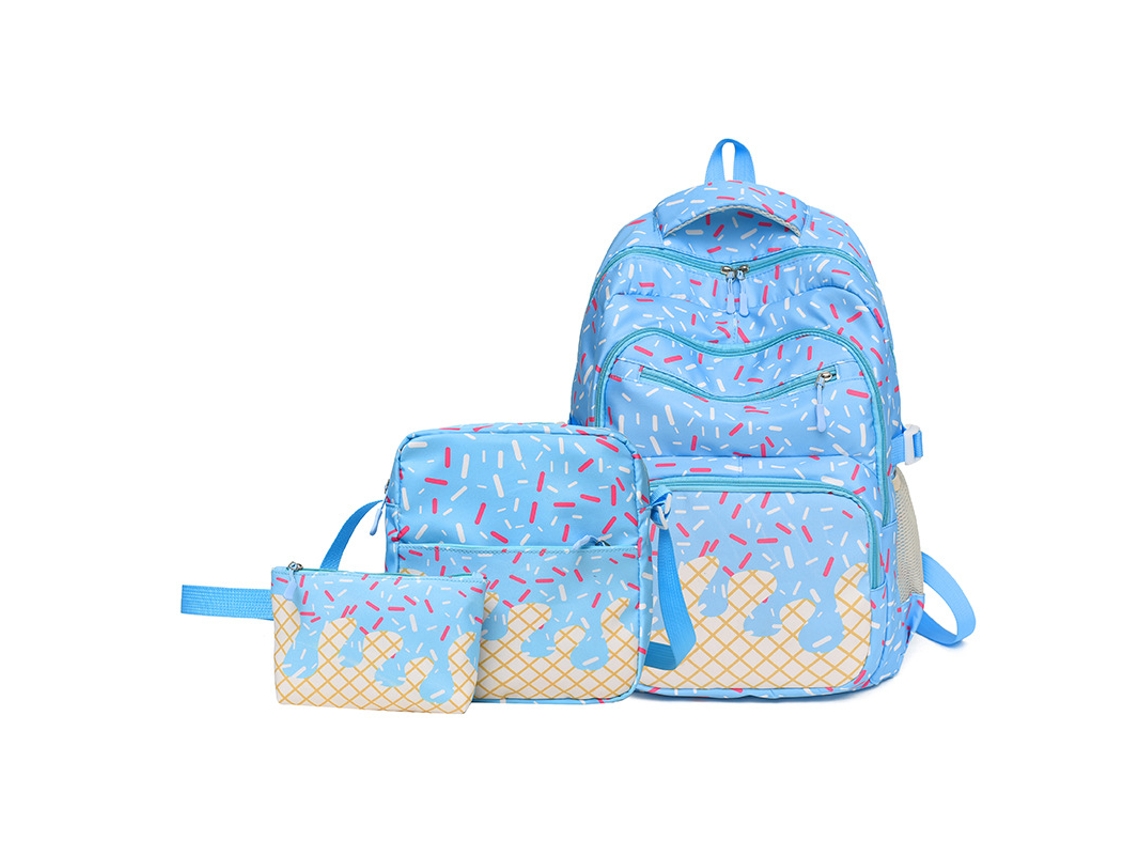Conjunto De Três Peças De Mochila Com Estampa De Sorvete, Grande Capacidade, Impermeável, Incluindo Bolsa Transversal E Estojo Azul