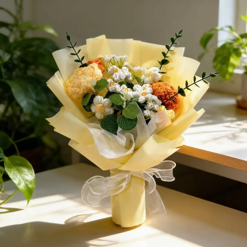 Buquê De Flores Artificiais De Crochê (amarelo), Presente Criativo, Flor Preservada