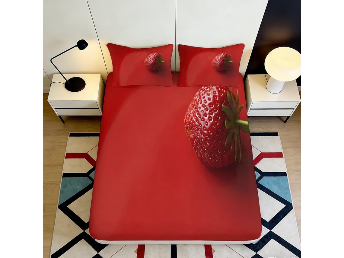 Conjunto de Cama com Estampa 3d Morango em Microfibra Fronha 200x200cm