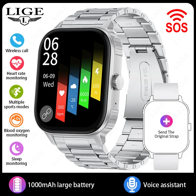 Smartwatch MDUG, tela de 1,43 polegadas, saúde, lanterna esportiva, chamadas Bluetooth, preto e prata