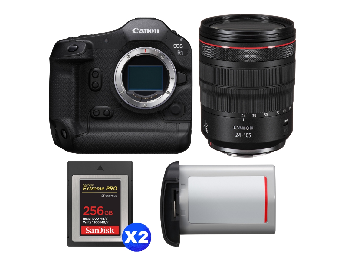 Eos R1 + Rf 24 105mm F/4 L Is Usm + 2 Sandisk 256gb Extreme Pro Cfexpress Type B + Canon Lp e19 + Ebook “20 Dicas para Fotos Que Impressionam” CANON