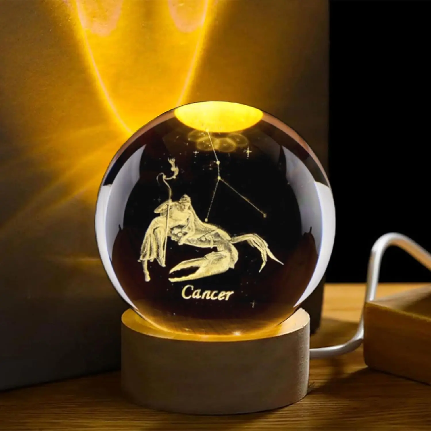 Bola de Cristal 3d do Câncer com Base de Madeira para Luminária. MDUG