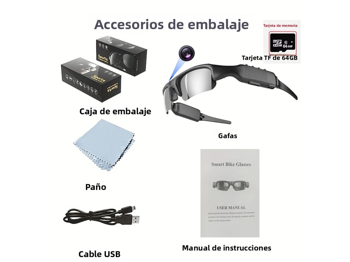 Óculos com Câmera Wifi Hd 1080p , Lente Polarizada e Dupla Estabilização de Imagem. MDUG (cartão de 64 Gb)