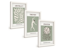 Conjunto De Pinturas Padrões De Plantas Verdes De Matisse Moldura Branca Imagens Para Um Quarto Infantil Espelharte (3 Peças 20x30 Cm)