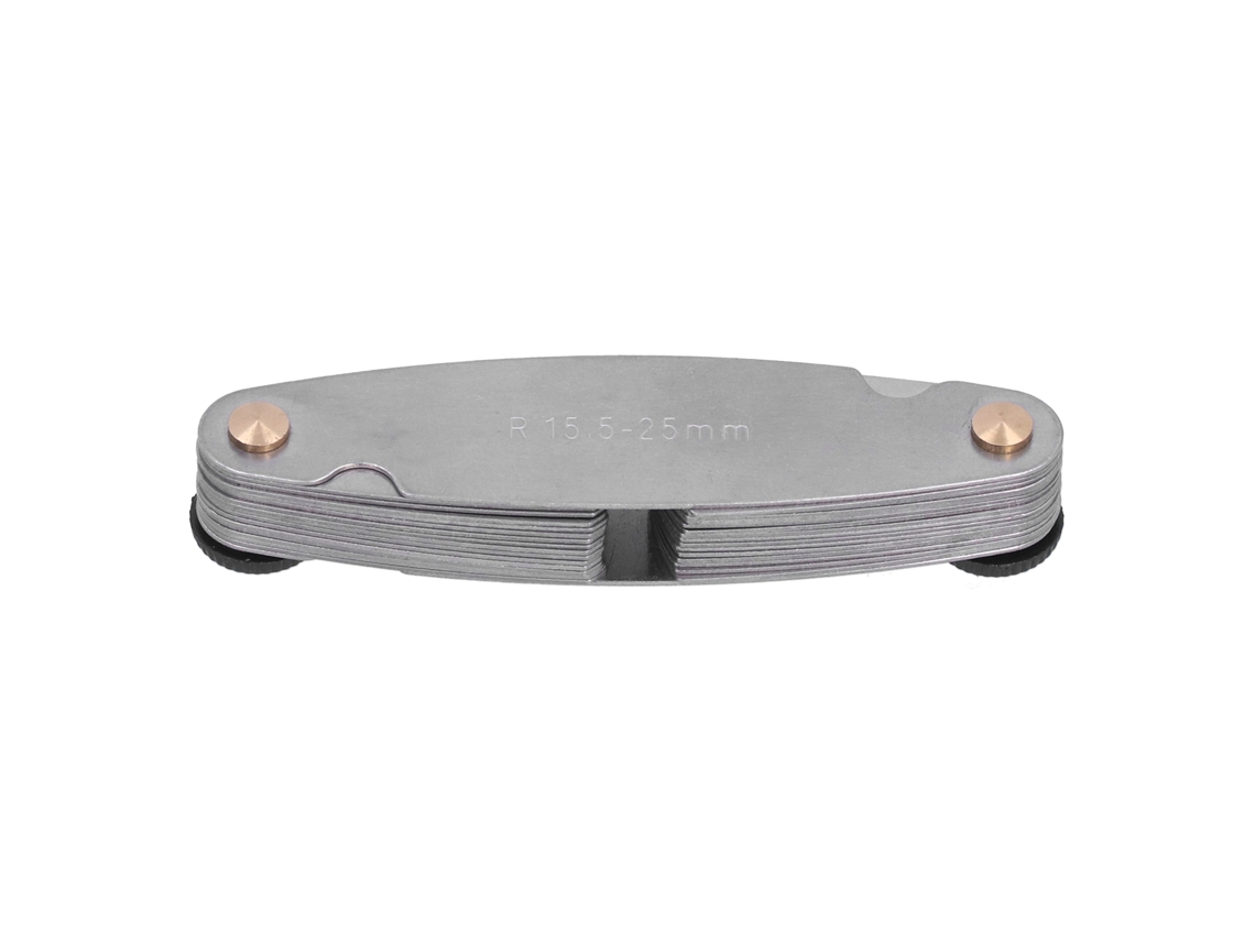 Medidor de rosca imperial e métrica em aço inoxidável, ferramenta industrial para medir passo de rosca R15,5-25 mm.