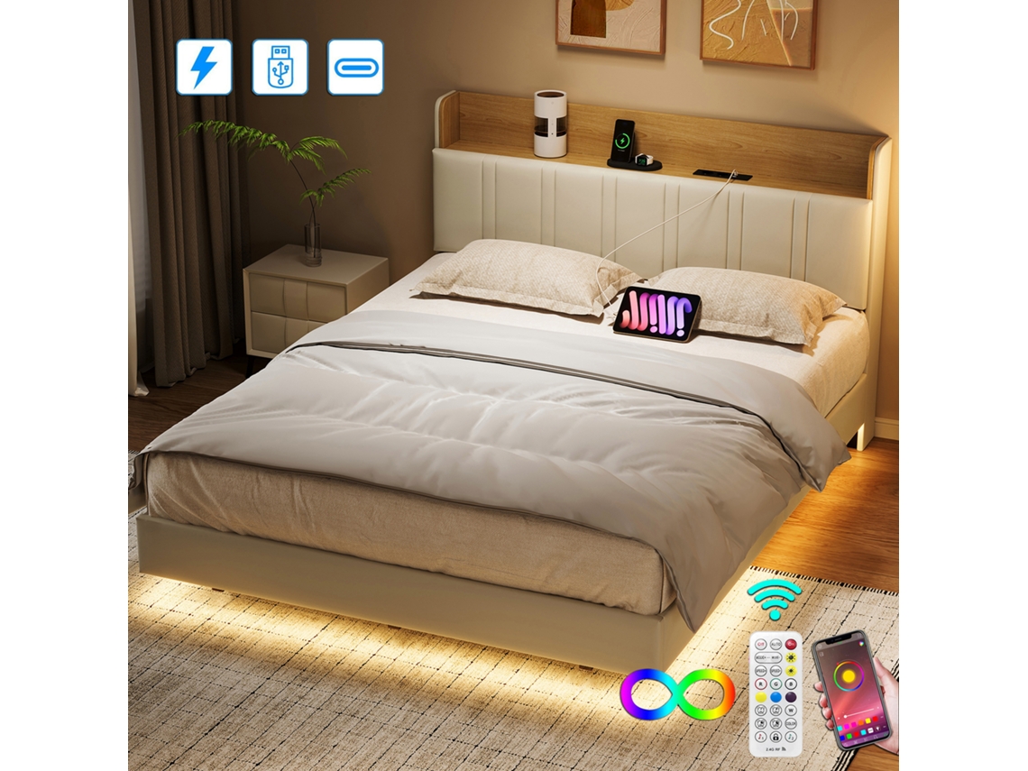 Cama De Casal 140x190 Cm, Cama Estofada, Usb Tipo C, Cabeceira Com Espaço De Arrumação, App-control Led, Tecido De Couro Pu - Branco