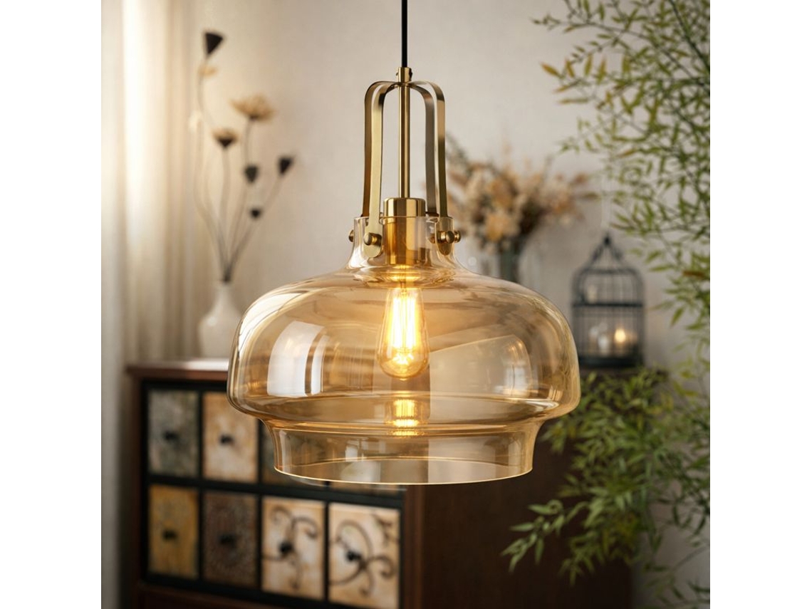 Candeeiro De Teto Em Vidro Âmbar Ø33 Cm, Design Nórdico Moderno, Estrutura Em Metal Dourado E Casquilho E27