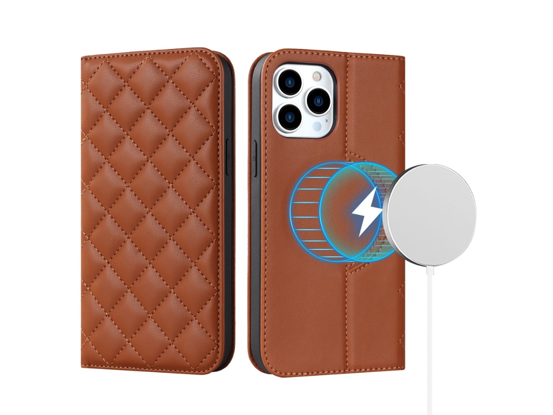 Capa Bloqueio Rfid Magsafe Para Iphone 12 Pele Sintética Magnética Com Porta-cartões Castanho