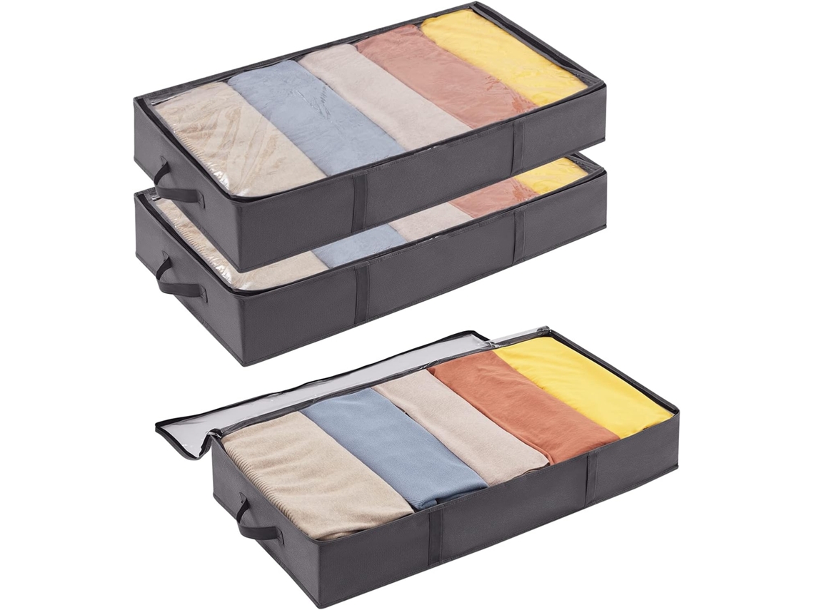 Conjunto De 3 Sacos Organizadores Para Debaixo Da Cama Com Tampas, Caixas Dobráveis Para Roupas E Cobertores, 100x50x15cm, Cinza