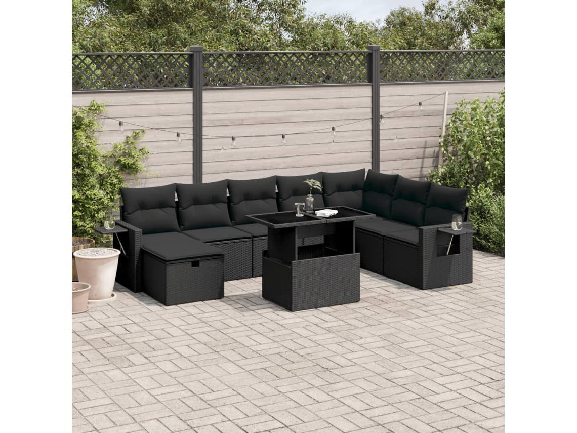 9 Pcs Conjunto De Sofás P/ Jardim C/ Almofadões Vime Pe Preto Dkd Home Decor