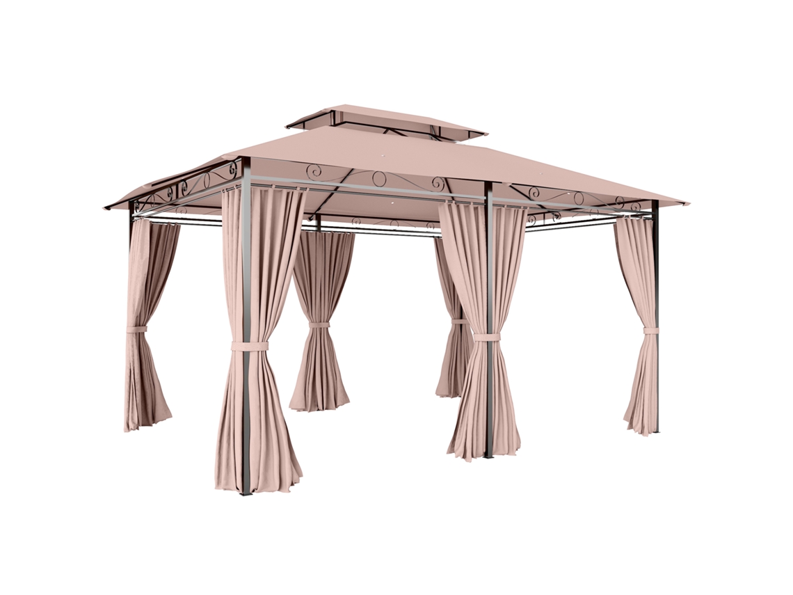 Gazebo de jardim 4x3m, com teto duplo e laterais em aço e poliéster, cor cáqui