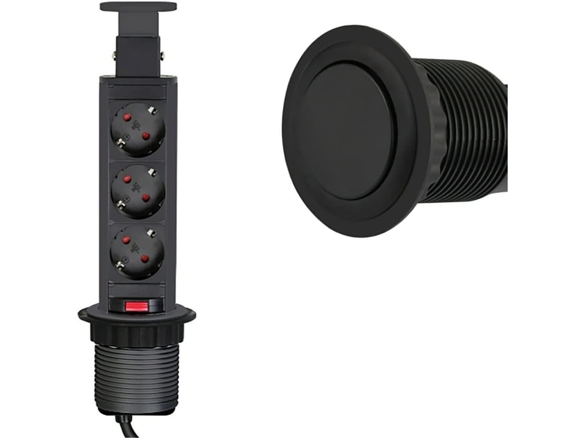 Evotrade Tomada Embutível Retrátil 3 Schuko Abertura Push Cabo 1,8m Mesa Cozinha Preto