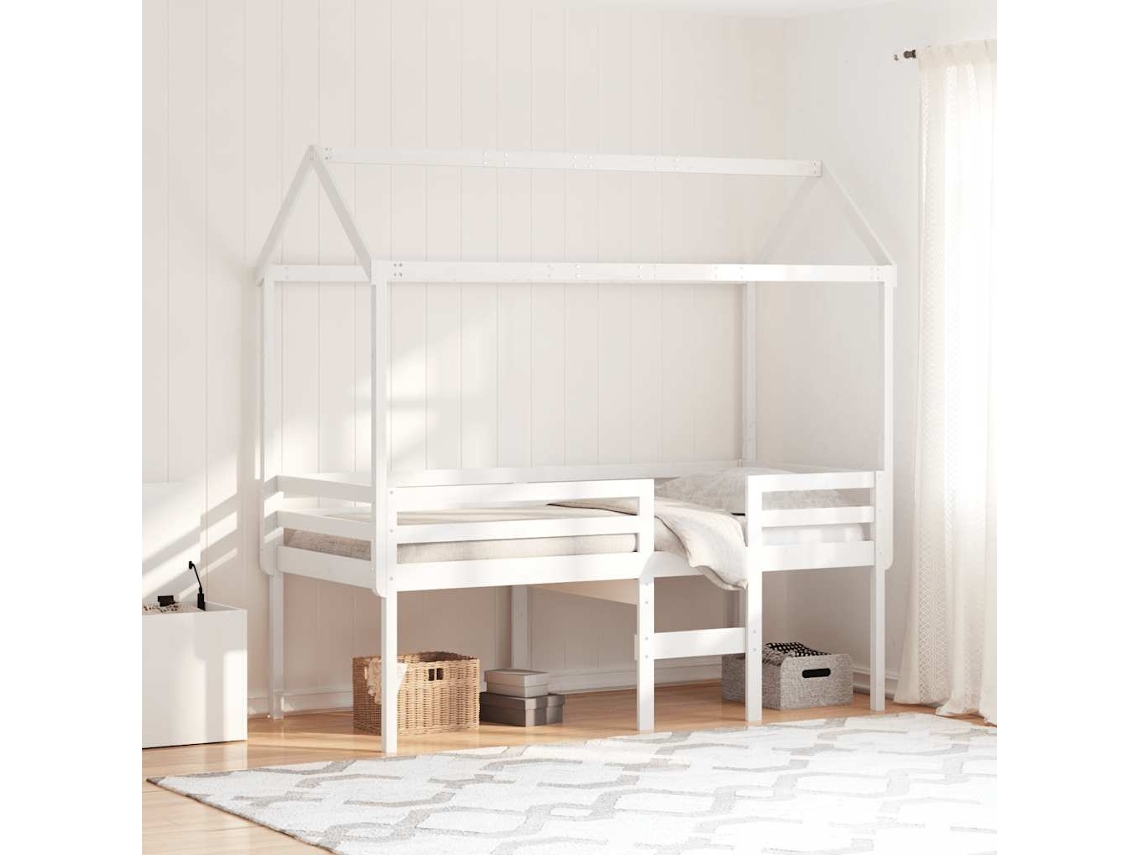 Vidaxl Cama Alta Com Telhado 90x190 Cm Pinho Maciço Branco