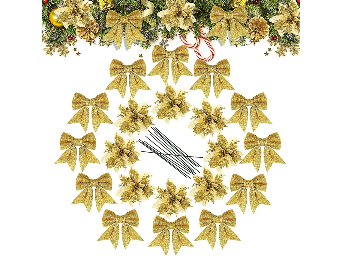 Conjunto De 24 Peças Para Decoração De Árvore De Natal Com Glitter, Flores Artificiais, Poinsétias Com Glitter, Laços Com Hastes E-aquaforge