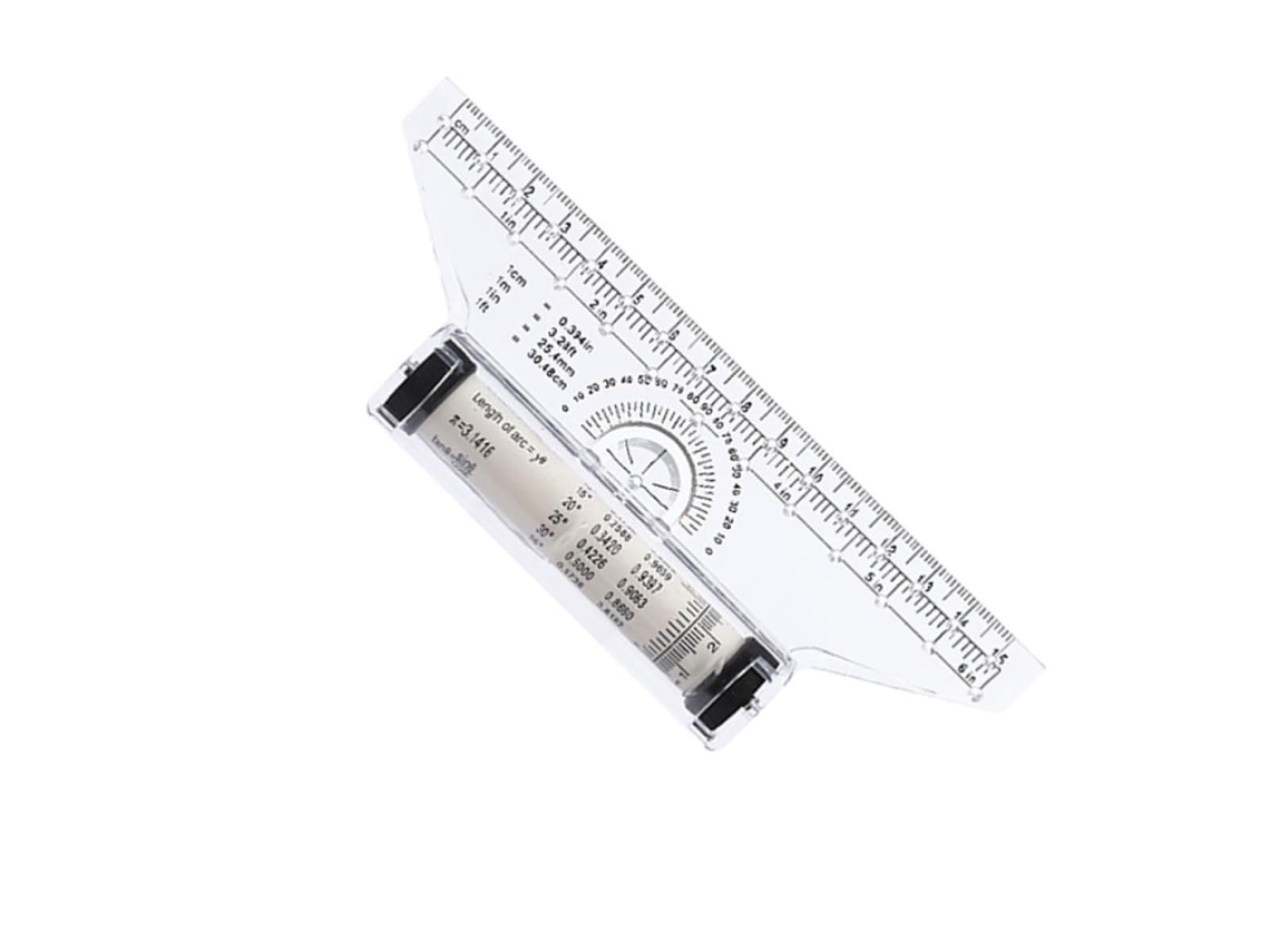 Régua multifuncional Ibasenice em plástico branco com escala angular e medidor circular para medições portáteis.