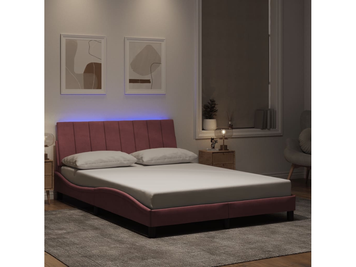 Vidaxl Estrutura De Cama Com Led Sem Colchão Hanko 140x200 Cm Veludo Rosa