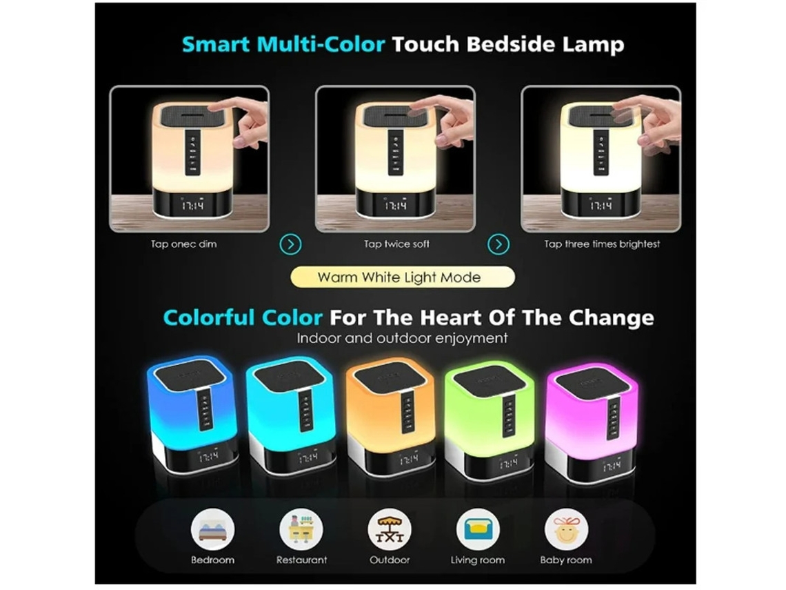 Alto Falante Bluetooth Com Luz Noturna Lâmpada De Cabeceira Com Controle De Toque 5 Em 1 Mudança Multicolorida Regulável Despertador De Bestvite
