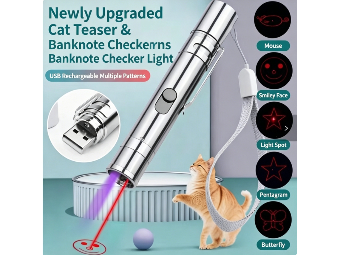 Brinquedo para Gatos Ponteiro Laser Recarregável USB 5 Desenhos 3 Funções | YANYXR