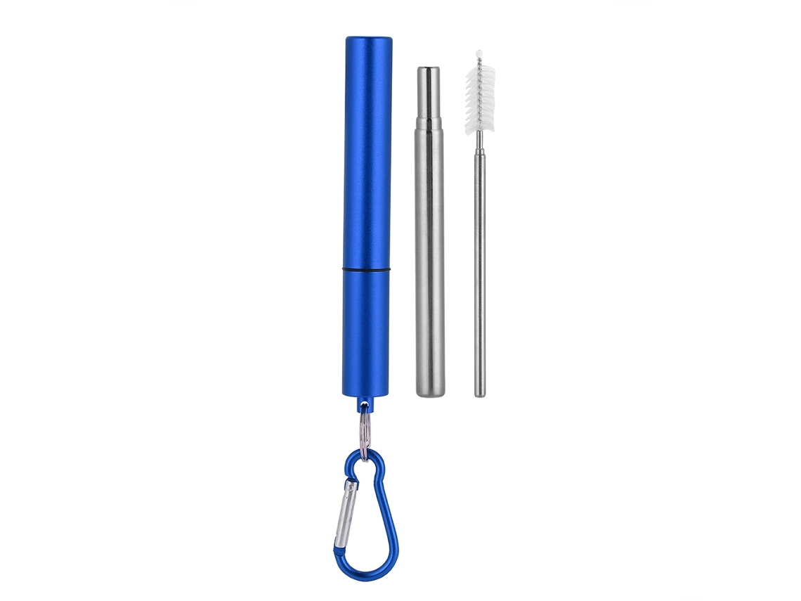 Kit Canudo Inoxidável Retrátil, Portátil, com Pincel, Carreteiro, Estojo de Alumínio, Azul