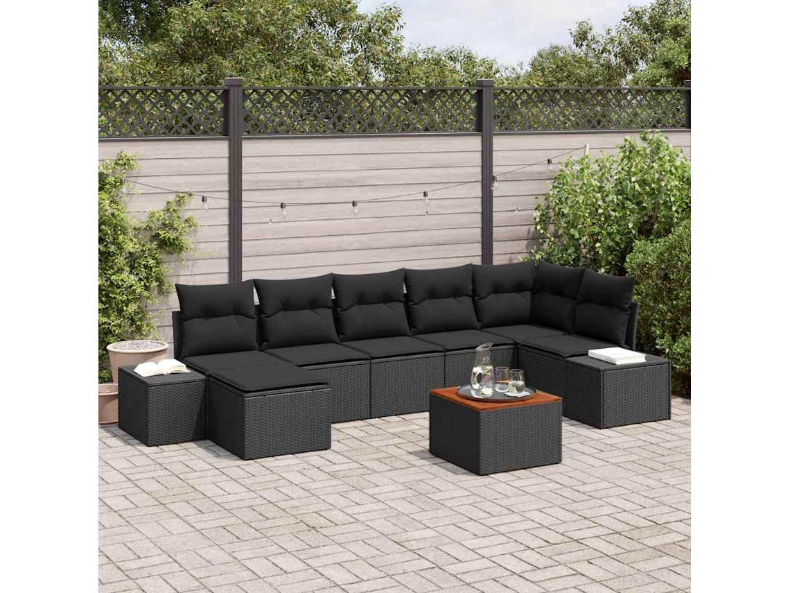 Vidaxl Conjunto De Sofá De Jardim Com Almofada 8 Pcs Preto Vime Pe